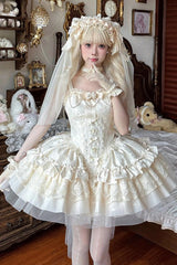Ivory [Fleeting Light and Shallow Dream] Sleeveless Multi-Layered Ruffle Bowknot Lace Slim Sweet Ballet Lolita Jsk Dress - Product - 3