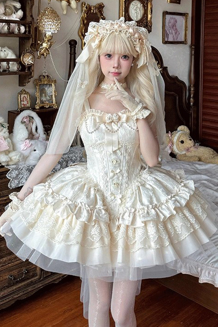Ivory [Fleeting Light and Shallow Dream] Sleeveless Multi-Layered Ruffle Bowknot Lace Slim Sweet Ballet Lolita Jsk Dress - Product - 3