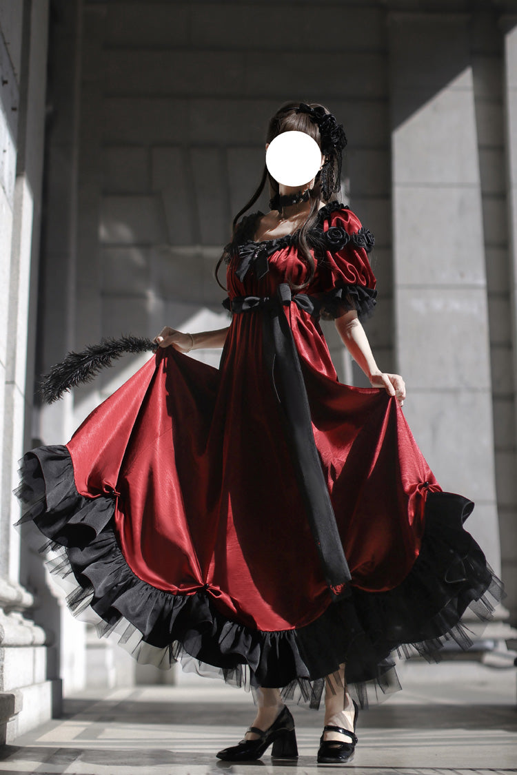 Red Square Collar Short Sleeves Ruffle Bowknot Sweet Regency-Style Vintage Lolita Dress - Product - 8