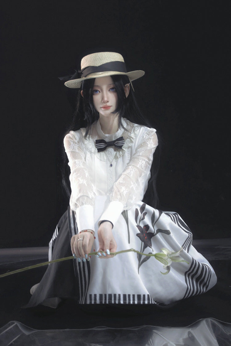 White/Black Lily Printed Ruffled Embroidered Bow Gothic Lolita Skirt - Product - 4