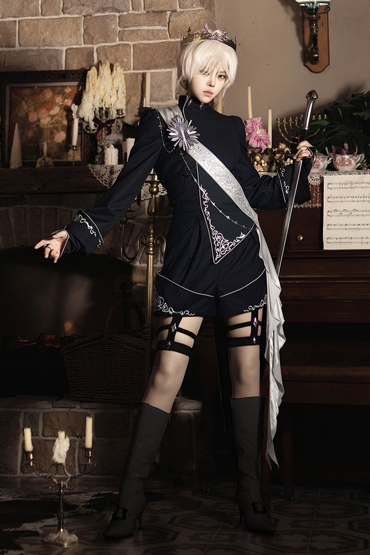 Black [Sword of Oath] Long Sleeves Embroidered Gothic Vintage Knight Prince Ouji Lolita Set - Black (Set) - 1