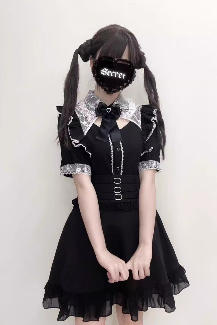 Jirai Kei Short Sleeves Hollow Bowknot Lace Sweet Blouse 3 Colors - Black/White - 1