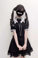Jirai Kei Short Sleeves Hollow Bowknot Lace Sweet Blouse 3 Colors - Black/White - 1