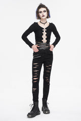 Black High Waisted Loophole Ripped Buckle Women's Punk Pants - Product - 6