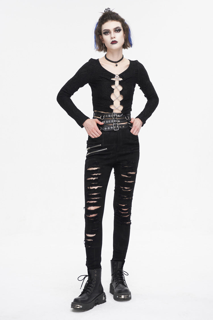 Black High Waisted Loophole Ripped Buckle Women's Punk Pants - Product - 6