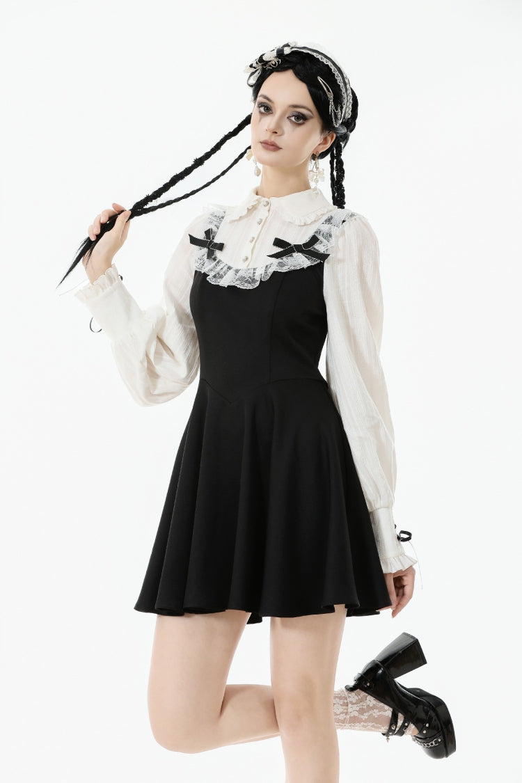 Black/White Faux Two-Piece Doll Collar Long Sleeves Lace-Up Women's Lolita Gothic Graduation Dress - Product - 2