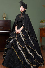Black Square Collar Half Trumpet Sleeves Ruffled Open-Front Lace Gothic Vintage Palace Lolita Victorian Dress - Product - 2