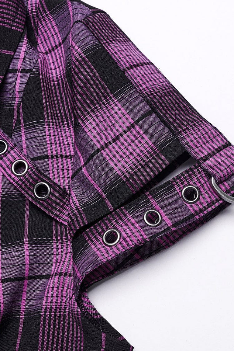 Women's Short Sleeves Plaid Print Hollow Lace Steampunk Blouse 2 Colors - Product - 14