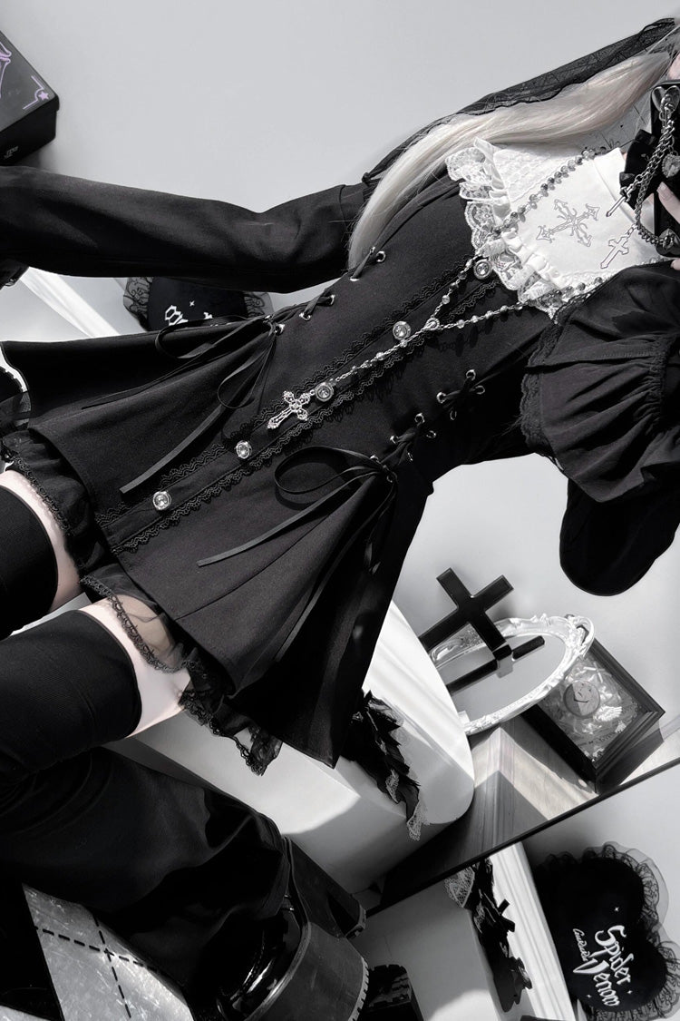 Black Long Trumpet Sleeves Ruffle Gothic Jirai Kei Japanese Dress Set 2 Colors - image 6