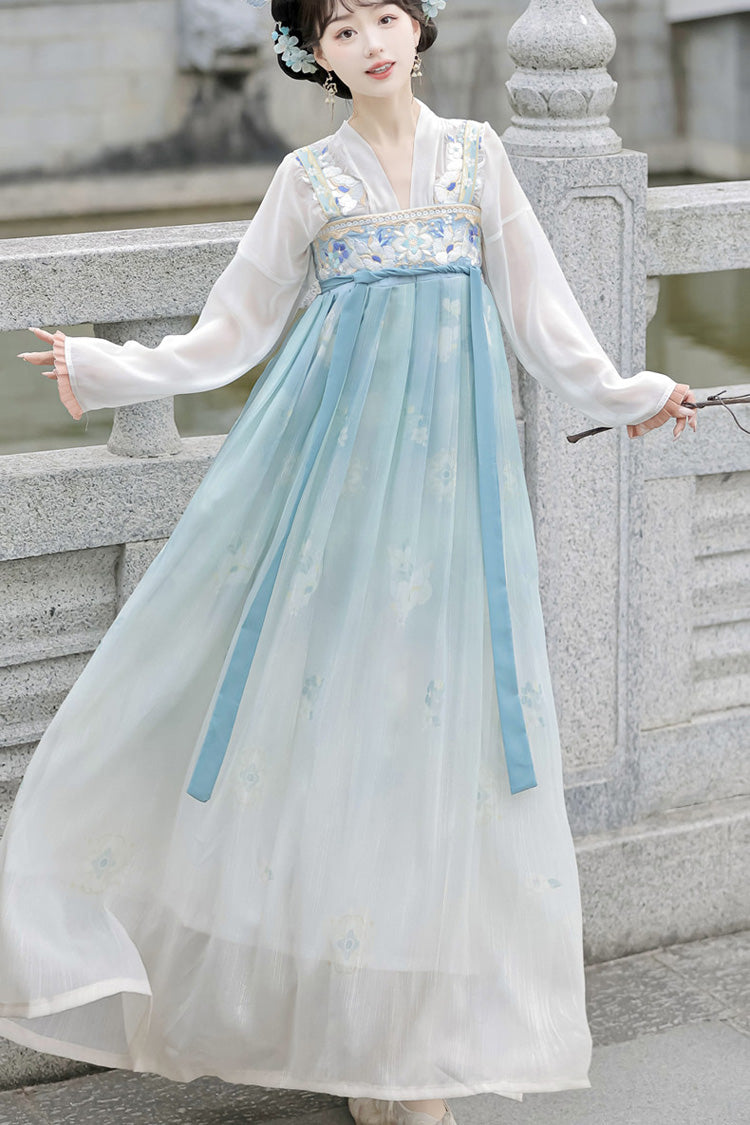 Blue Long Sleeves Tang-Style Qixiong Ruqun Printed Lace Sweet Hanfu Dress Set - Product - 4