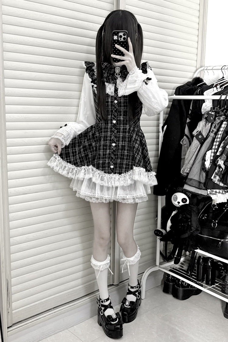 Black [Lunar Eclipse Doll] Long Sleeves Plaid Printed Ruffled Bow Lace Sweet Jirai Kei Japanese Dress Shorts Set - Product - 8