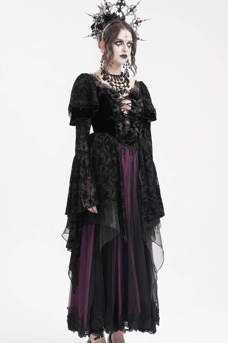 Black/Purple Crochet Long Sleeves Hanayome Lace Women's Gothic Dress - Product - 8