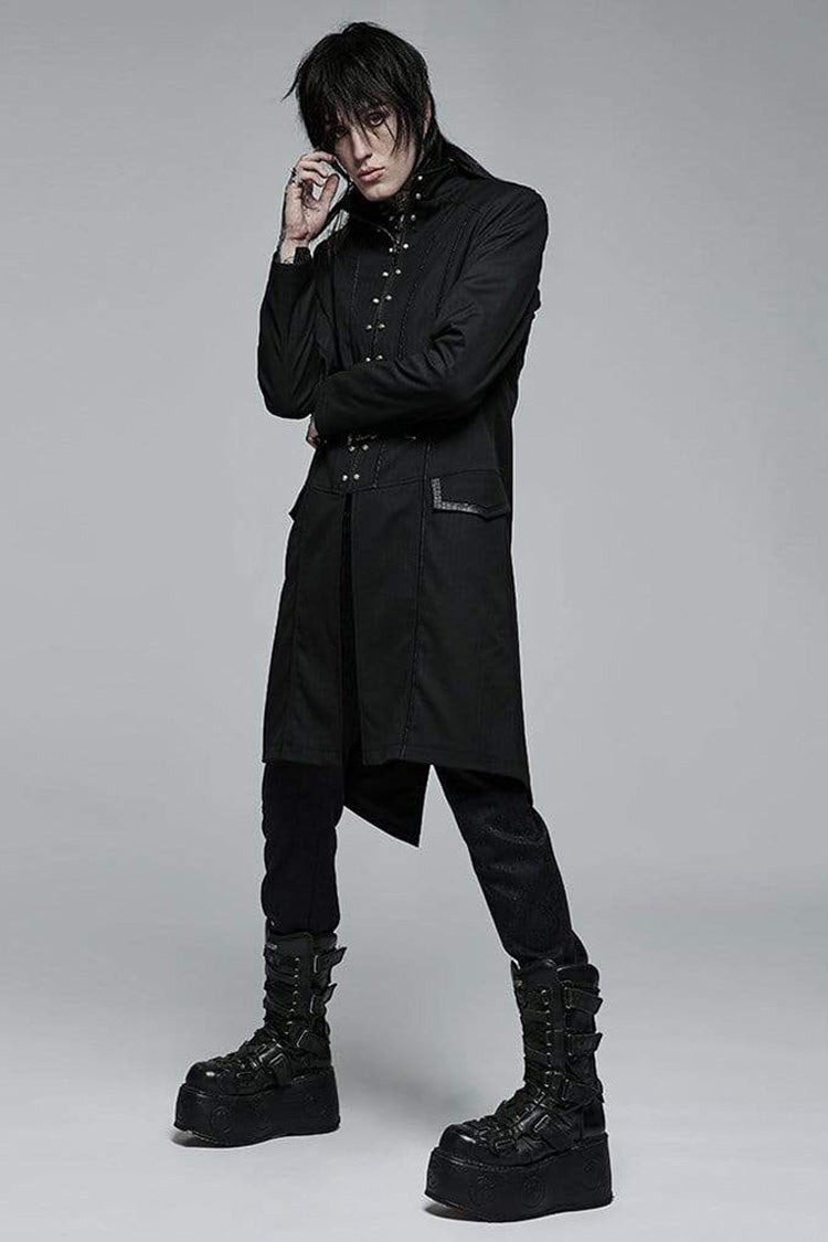 Black Punk Stand Collar Skeleton Embroidery Frenulum Metal Rivet Zippe Slim Fit Mid Length Men's Coat - Product - 3