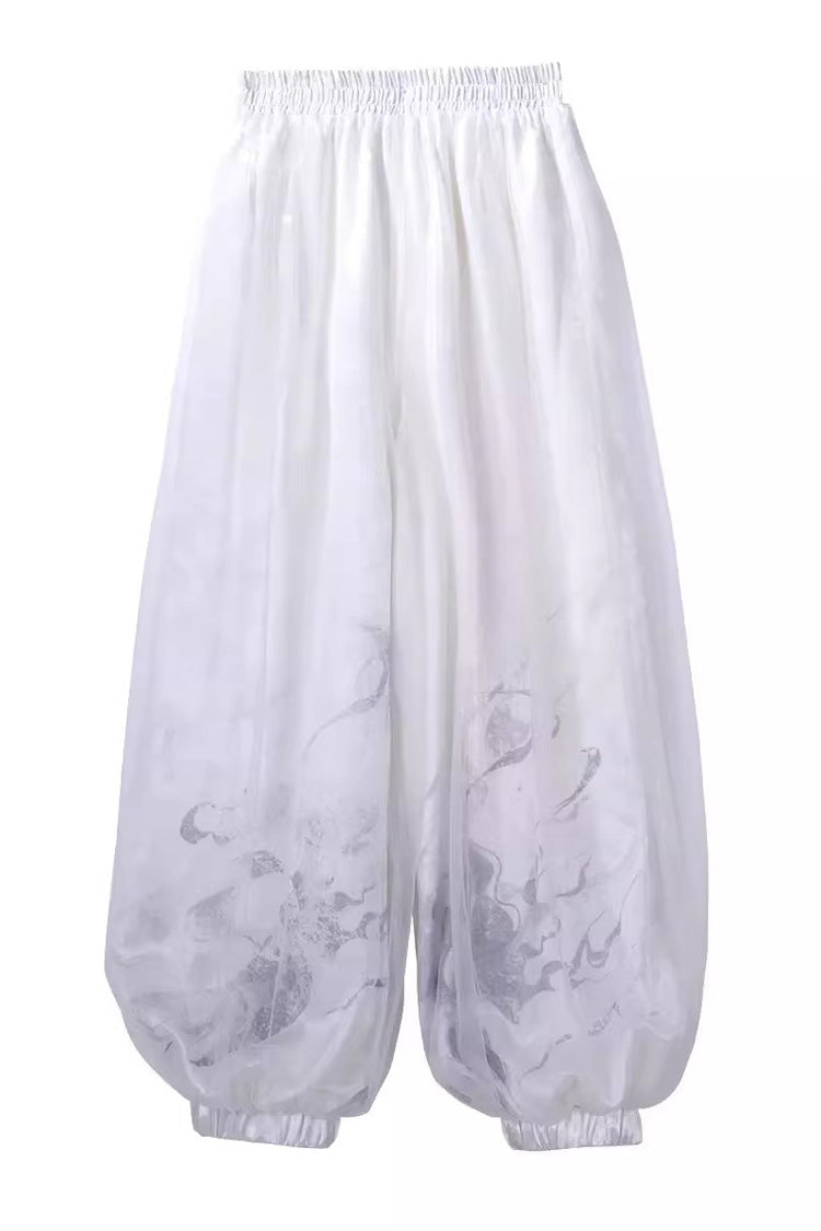 Black/White Stand Collar Single Long Sleeve Printed Embroidered Asymmetric Chinese Style Ouji Set - Pants - 15
