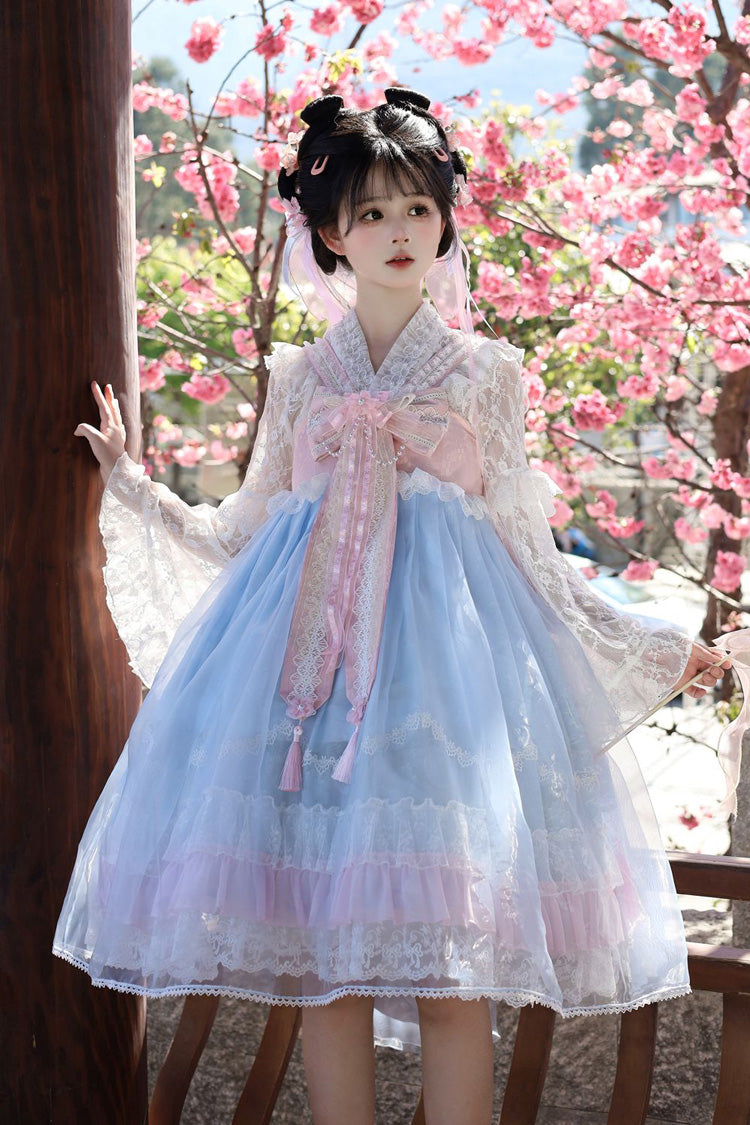 [Peach Blossoms in Spring Fields] Sleeveless Ruffle Bowknot Lace Sweet Chinese Style Lolita Jsk Dress 3 Colors - Blue - 1