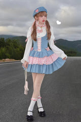 Blue/Pink [Rock Ballet] Printed Triple-Layered Ruffled Bow Lace-Up Sweet Lolita Jsk Dress - Product - 8