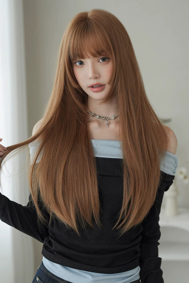 Mocha Mousse Korean Idol Chic Face-Framing Hime Cut Long Straight Wig with Full Bangs - Product - 7