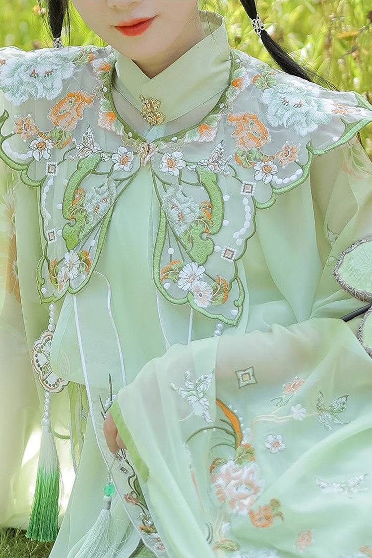 Green [Emerald Fantasy] Ming Dynasty Round Collar Long Sleeves Print Embroidery Sweet Hanfu Dress Set - Product - 8