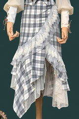 Blue Plaid [The Traveler] Sleeveless Ruffled Irregular Asymmetric Punk Lolita Skirt Set - Skirt(Only) - 5