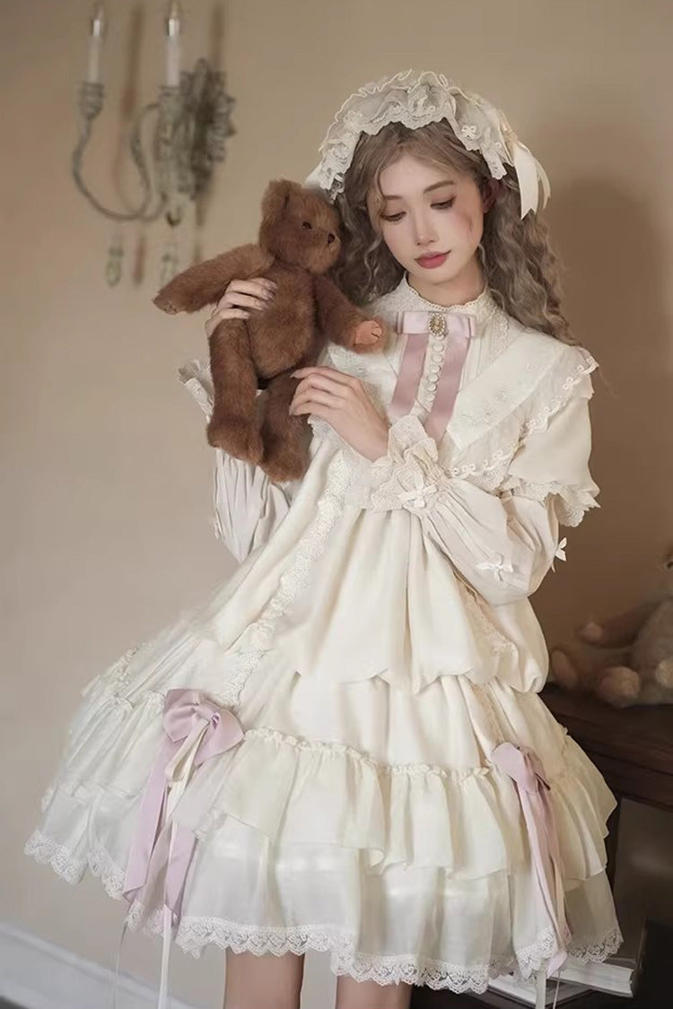 Ivory [Glass Flower Room] Short Sleeves Triple-Layered Ruffled Rose Embroidered Bow Cotilla Sweet Lolita Dress Set - Ivory/Pink - 1