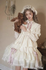 Ivory [Glass Flower Room] Short Sleeves Triple-Layered Ruffled Rose Embroidered Bow Cotilla Sweet Lolita Dress Set - Ivory/Pink - 1