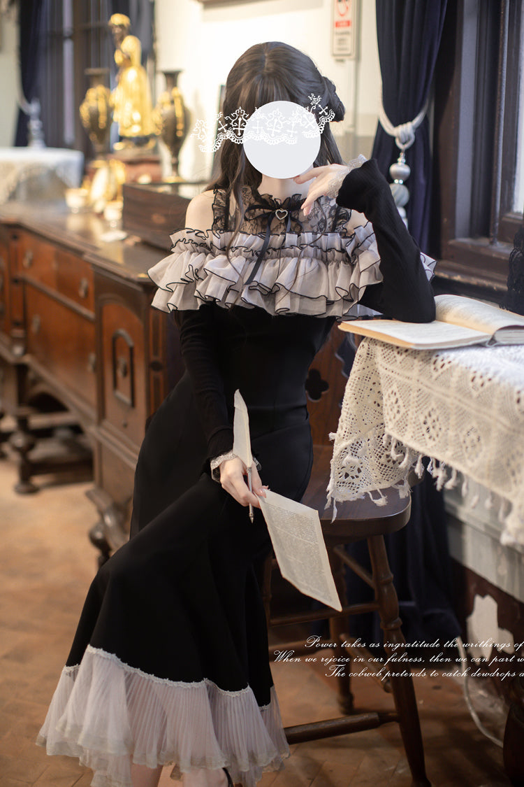 Black [Night Cherry Blossoms] Long Sleeves Ruffle Bowknot Daily Sweet Elegant Lolita Fishtail Dress - Product - 2