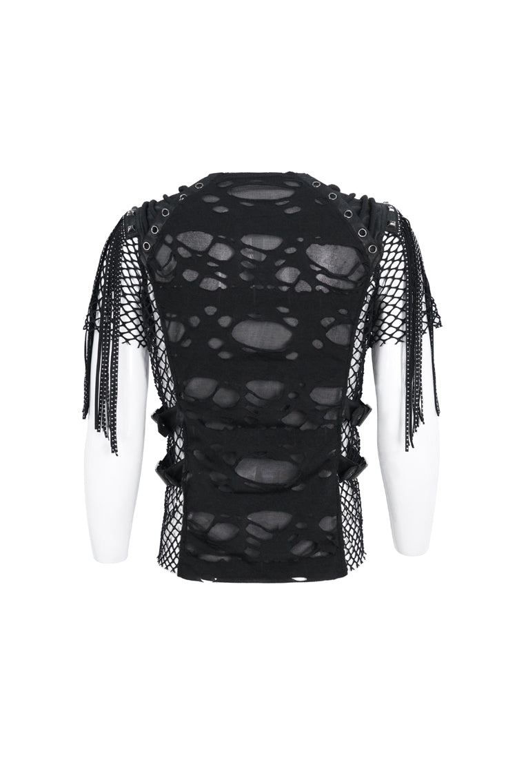 Black Round Collar Mesh Stitching Men's Punk T-Shirt - Product - 7