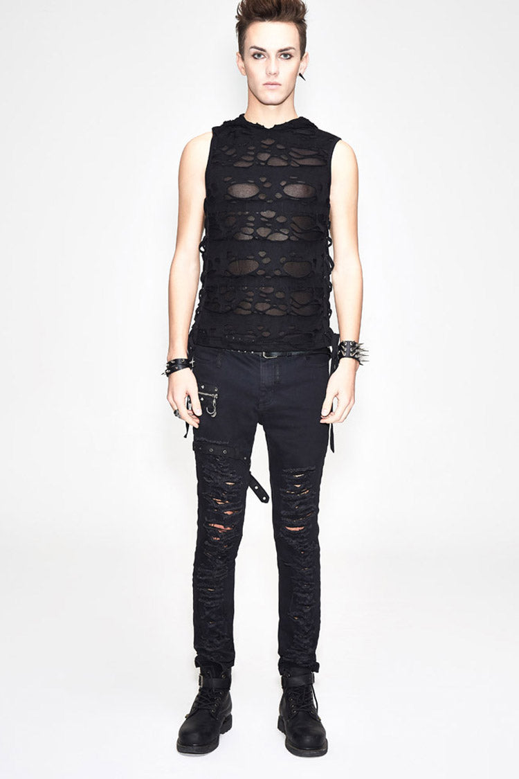 Black Sleeveless Ripped Side Ribbons Lace-Up Hooded Men's Punk T-Shirt - Product - 4