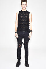 Black Sleeveless Ripped Side Ribbons Lace-Up Hooded Men's Punk T-Shirt - Product - 4