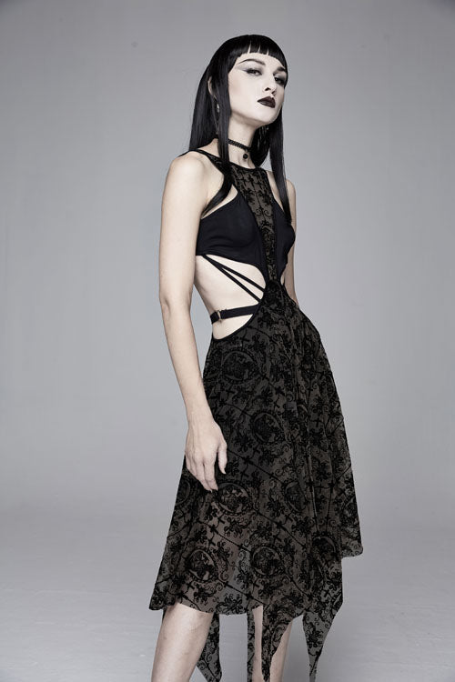 Black Semilucent Queen Cross Flocking Printed Sleeveless Sexy Mesh Gothic Womens Dress - Product - 6