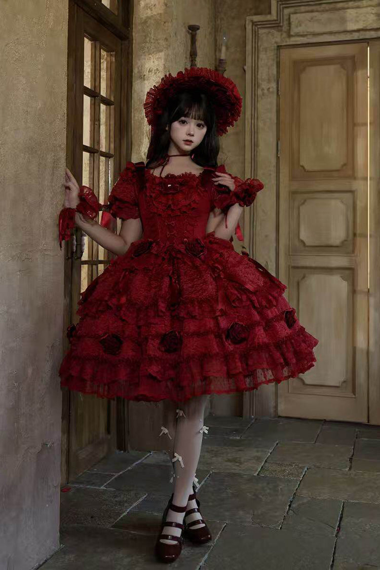 Red [Rose Manor] Square Collar Short Sleeves Ruffled Bow Lace Classic Lolita Dress - Product - 3
