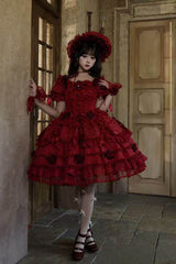 Red [Rose Manor] Square Collar Short Sleeves Ruffled Bow Lace Classic Lolita Dress - Product - 3