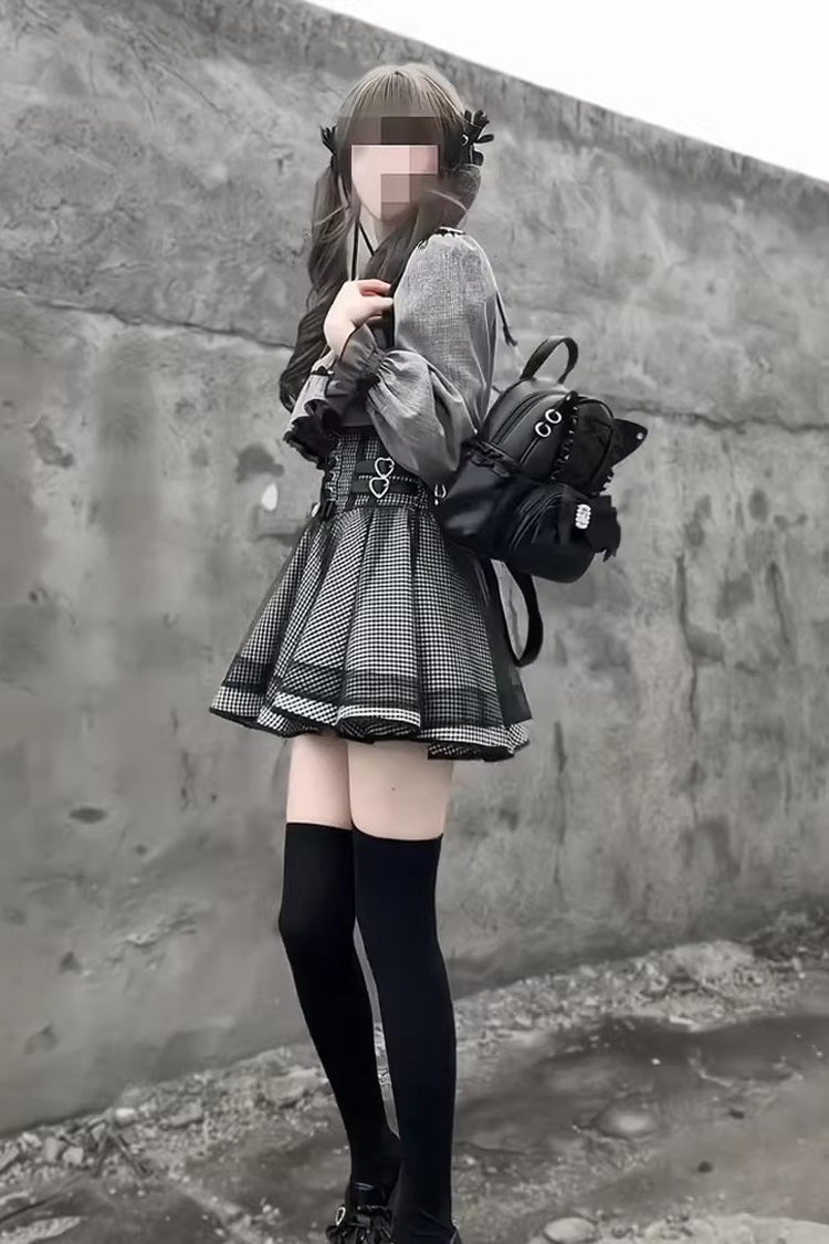 Grey Long Sleeves Houndstooth Printed Ruffled Lace-Up Jirai Kei Japanese Set - Product - 3