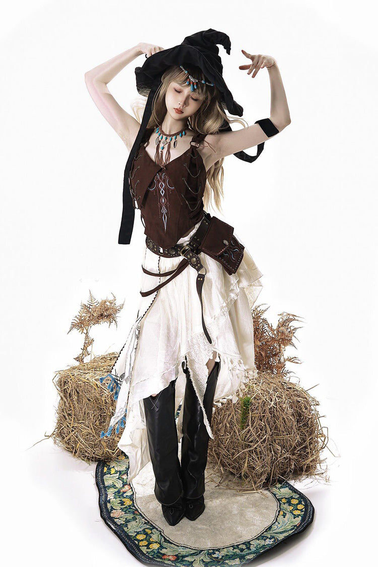 Brown/White [Dune Shadow Seeker] Sleeveless Ruffled Embroidered Irregular Vintage Lolita Skirt Set - Product - 12