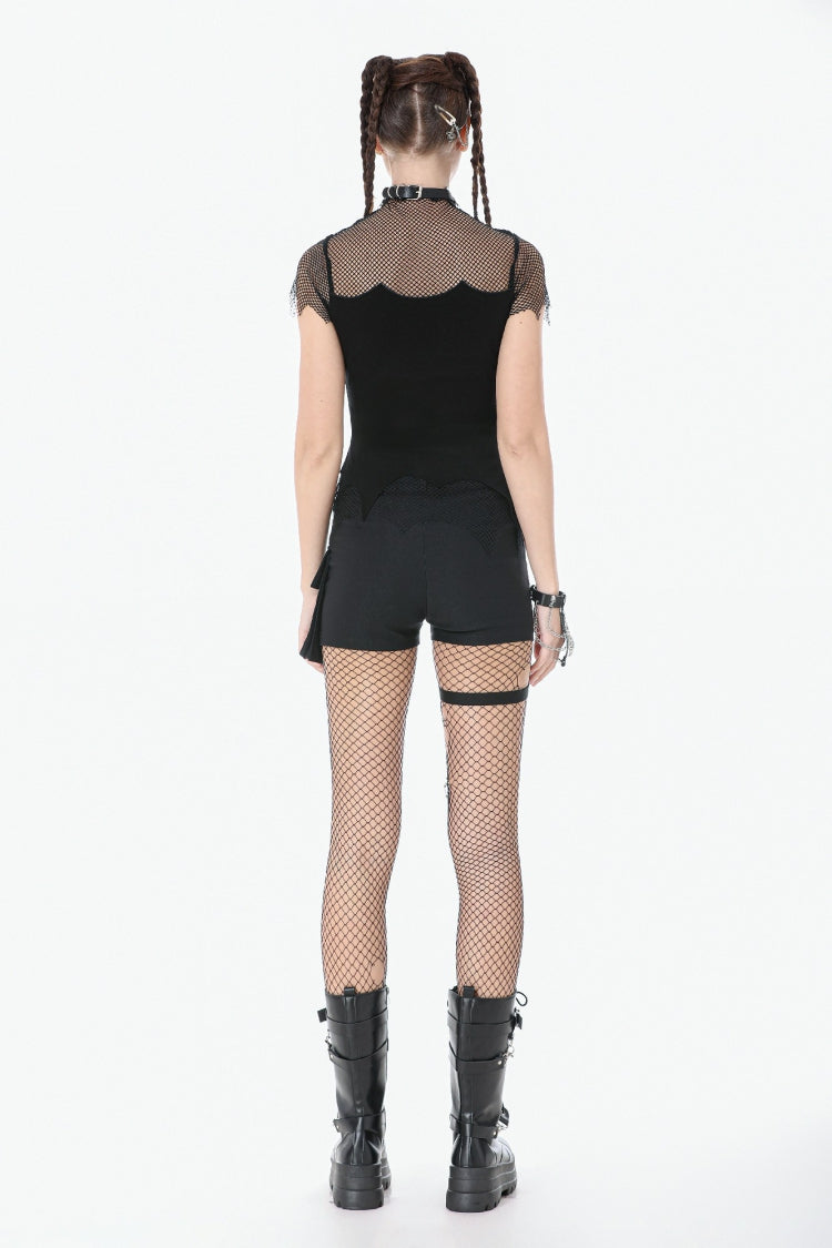 Black Short Sleeves Irregular Mesh Cross Chain-Decorated Eyelet Women's Punk Top - Product - 13