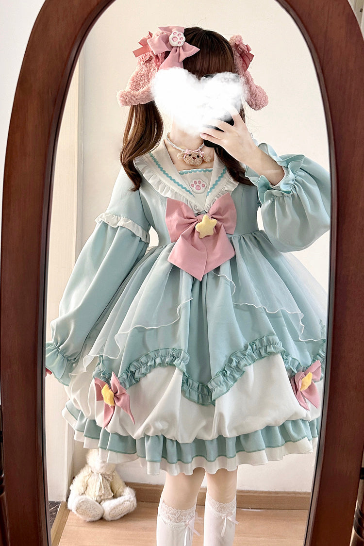 [Pray Star] Long Sleeves Double-Layered Ruffle Bowknot Stitching Lace Sweet Lolita Dress 5 Colors - Green - 8