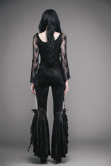 Black Front Chest Rose Decoration Flare Sleeve Irregular Lace Hem Knit Women's Gothic T-Shirt - Product - 5