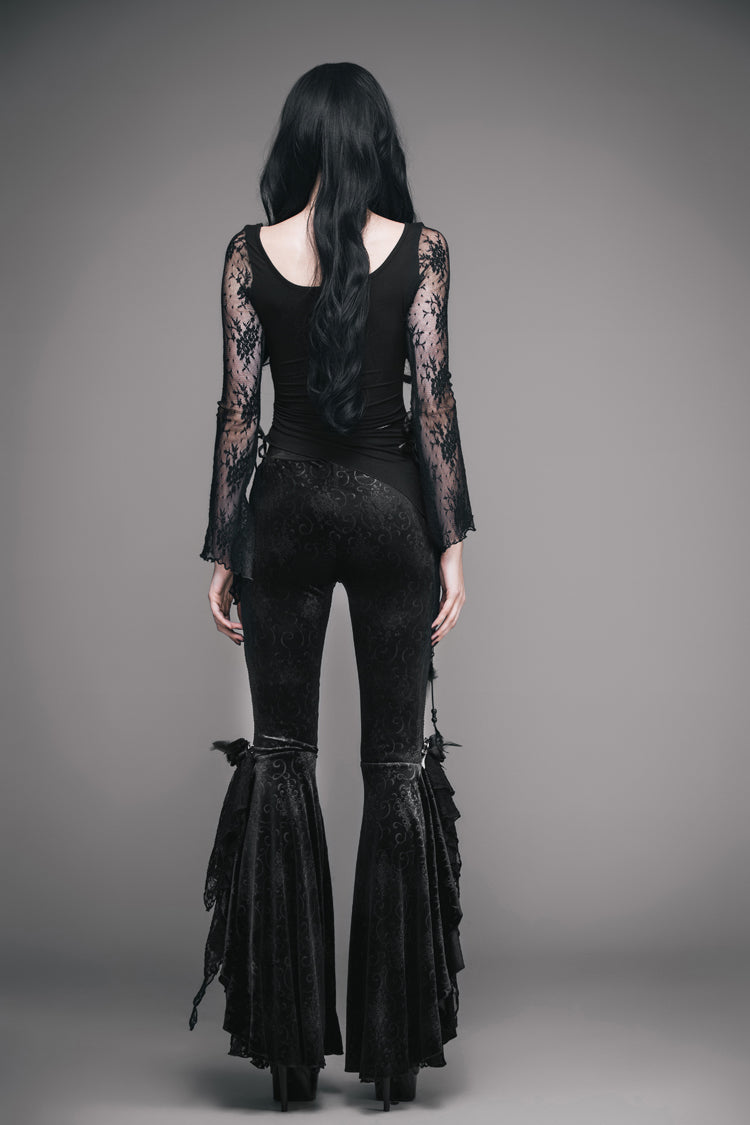Black Front Chest Rose Decoration Flare Sleeve Irregular Lace Hem Knit Women's Gothic T-Shirt - Product - 5