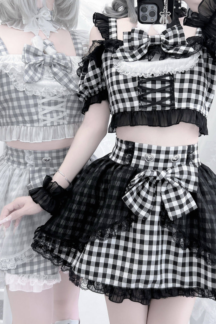 [Night Rabbit Dream] Short Sleeves Plaid Printed Ruffled Open-Front Bow Lace-Up Sweet Jirai Kei Japanese Skirt Set - Product - 10