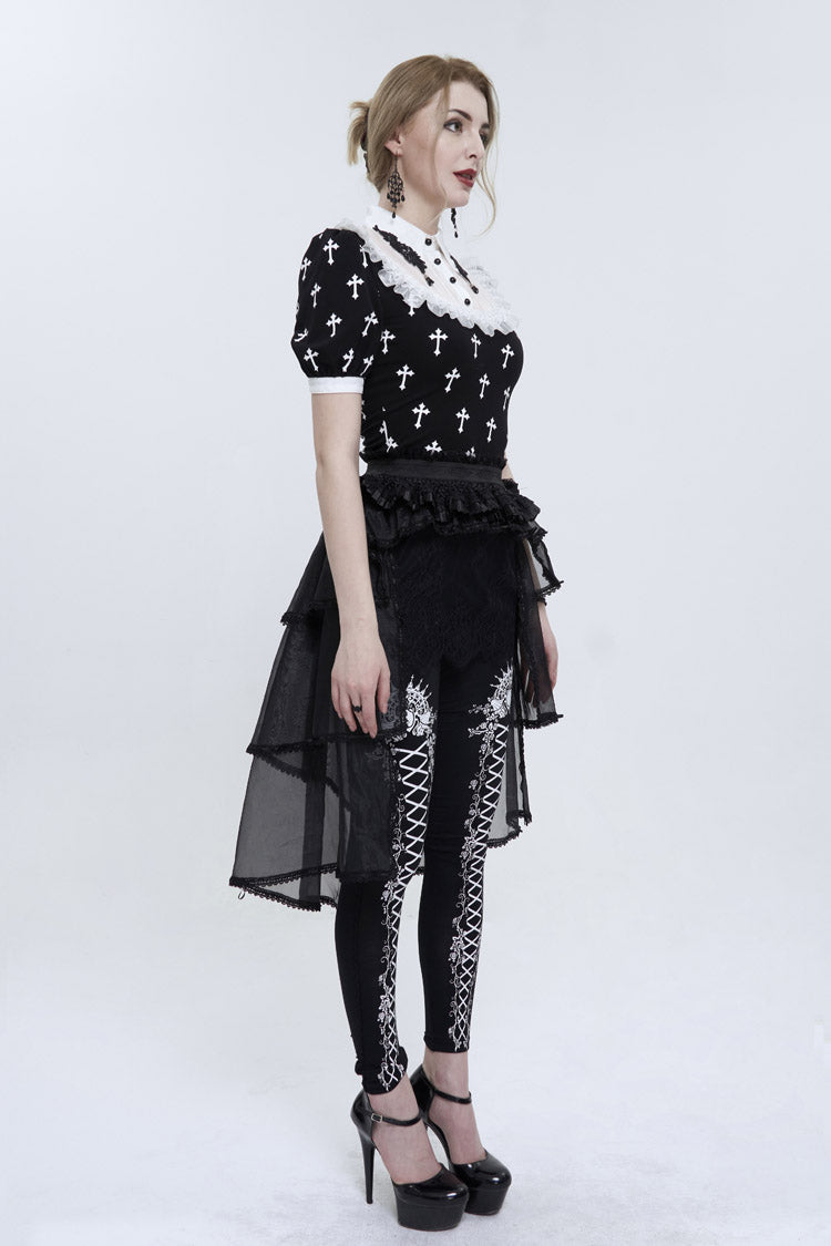 Black/White Cross Printed Chest Paneled Chiffon With Lace Collar Applique? Lace Strap Pendant Women's Punk Shirt - Product - 5