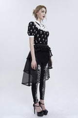 Black/White Cross Printed Chest Paneled Chiffon With Lace Collar Applique? Lace Strap Pendant Women's Punk Shirt - Product - 5