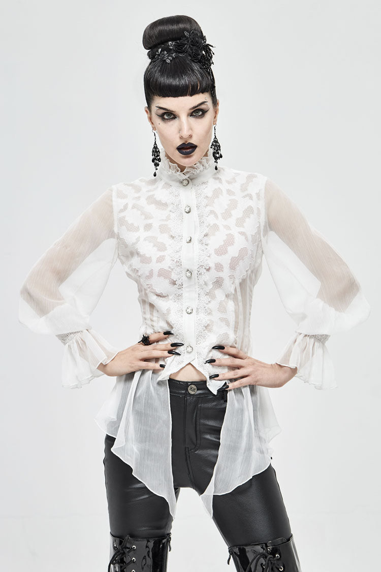 White Chiffon High Collar Front Flare Cuff Back Waist Lace Up Women's Gothic Blouse - Product - 2