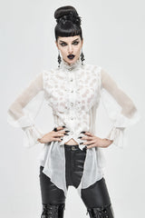 White Chiffon High Collar Front Flare Cuff Back Waist Lace Up Women's Gothic Blouse - Product - 2