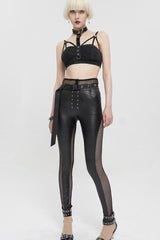 Black Fake Two-Piece Faux Leather Stitching Mesh Networking Women's Punk Pants - Product - 6