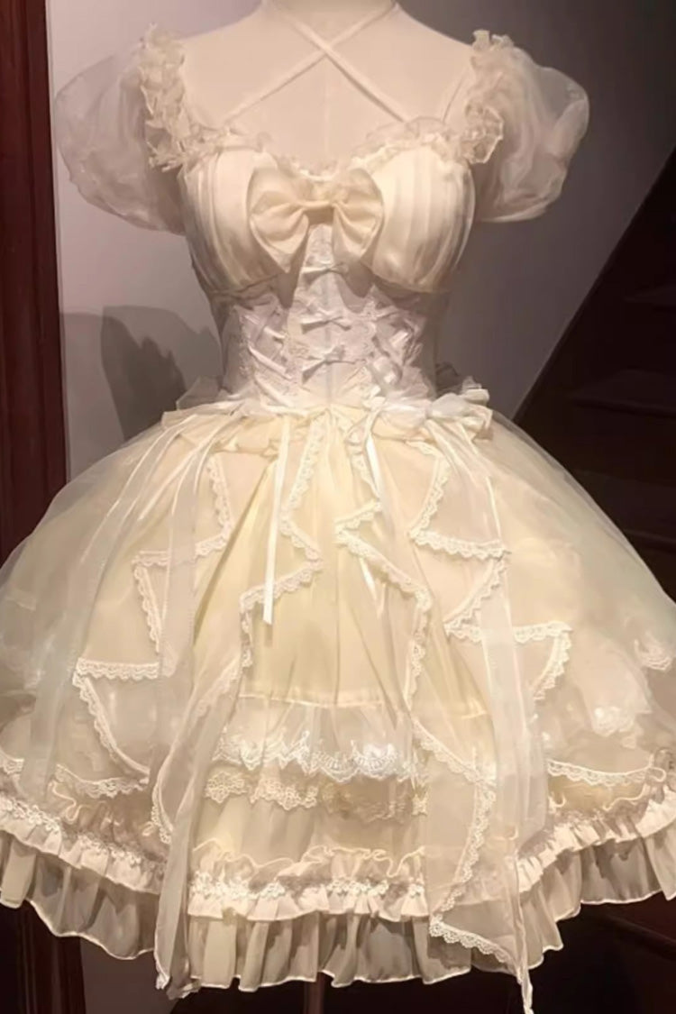 Glaze Fantasy Short Sleeves Ruffle Embroidery Bowknot Sweet Lolita Op Dress 6 Colors - Ivory