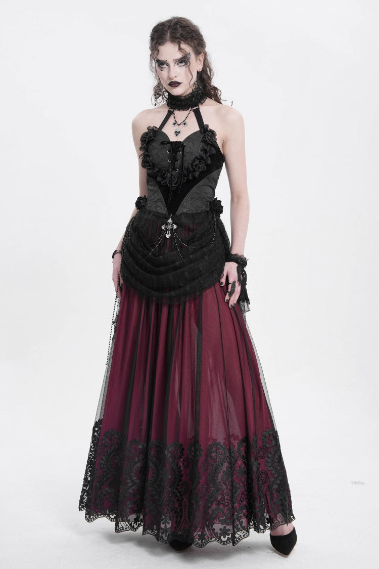 Black Halterneck Sleeveless Embroidery Stitching Rose Heart Lace Women's Gothic Blouse - Product - 12