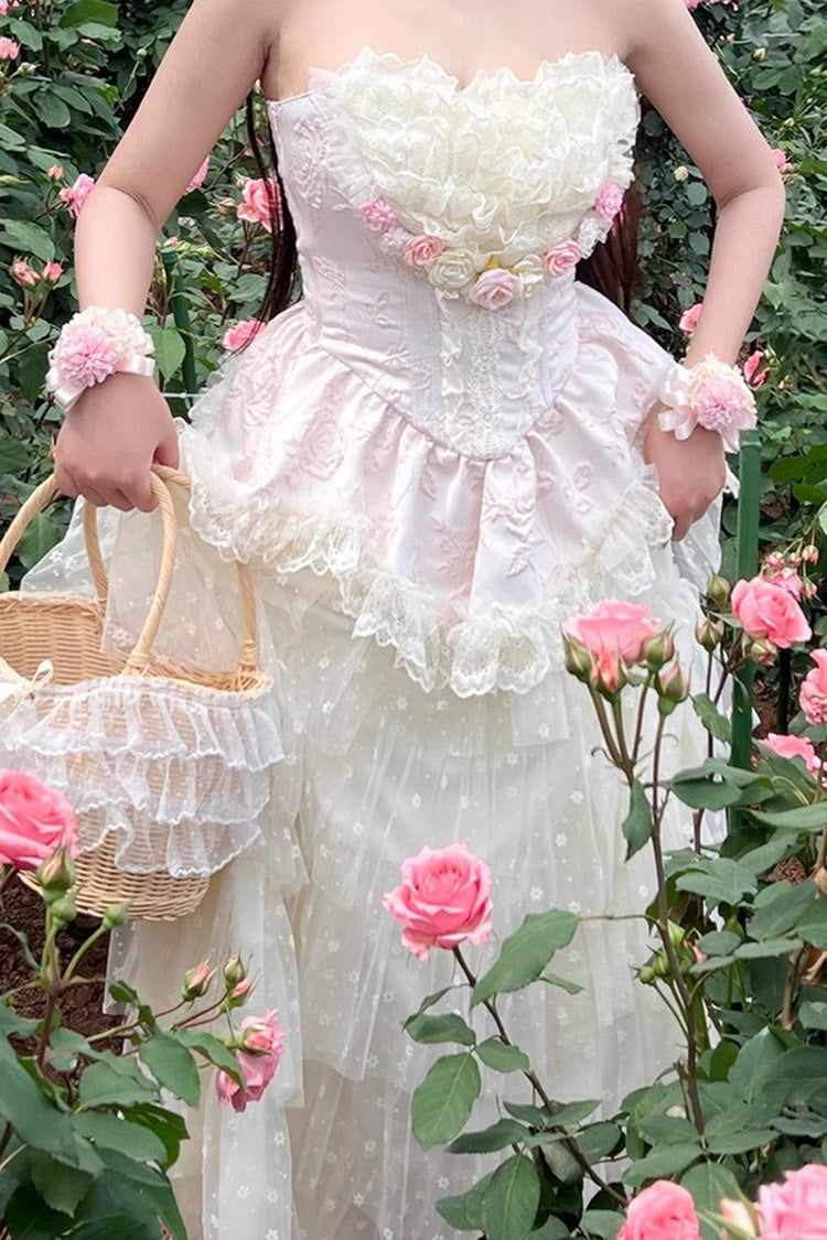 Pink Flower Goddess of Love Ruffle Bowknot Lace Sweet Elegant Lolita Maxi Skirt Dress Set - Product - 6
