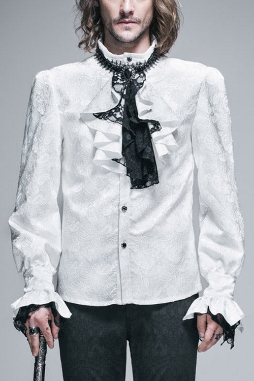 White Shining Rose Print Lace Cuff Mens Gothic Blouse - White - 1