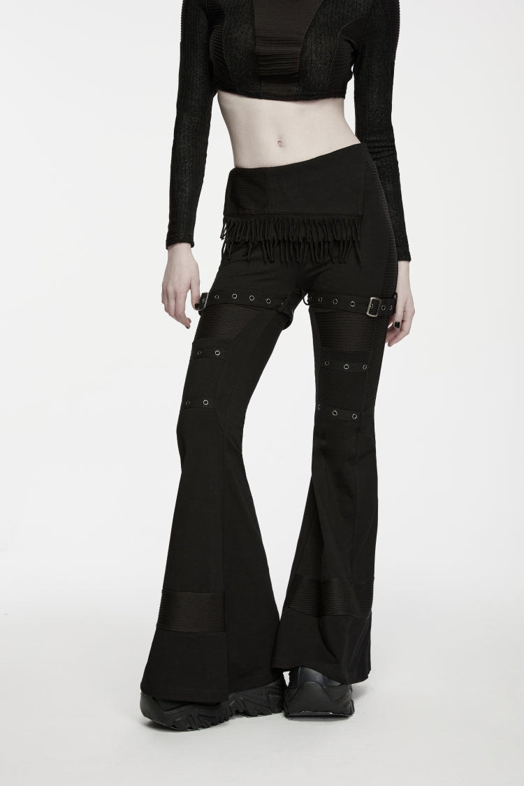 Black Slim Fit Asymmetric Eyelet Women's Punk Cool Flared Pants - Product - 7