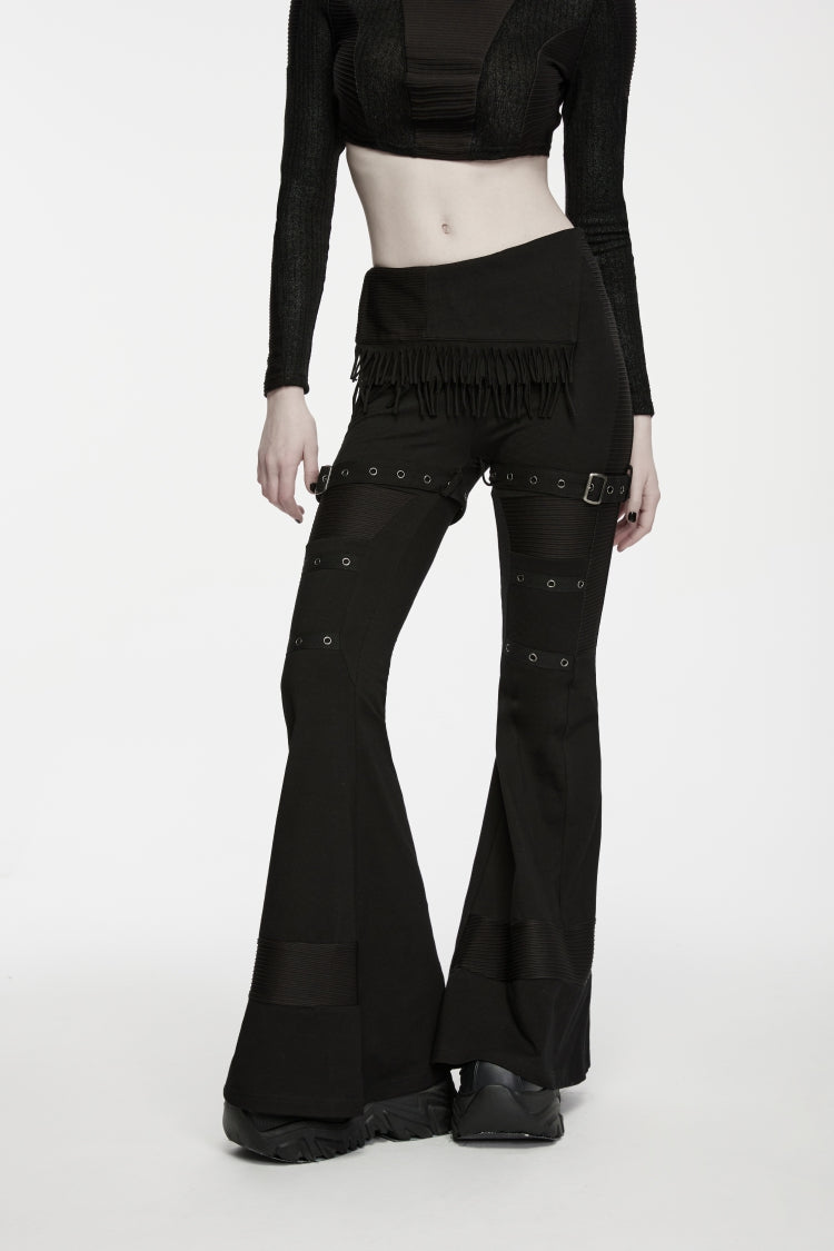 Black Slim Fit Asymmetric Eyelet Women's Punk Cool Flared Pants - Product - 7